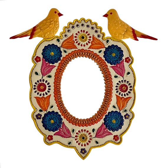 Mexican TIN MIRROR with Birds, Hand Painted Oval Mirror LG 13”H