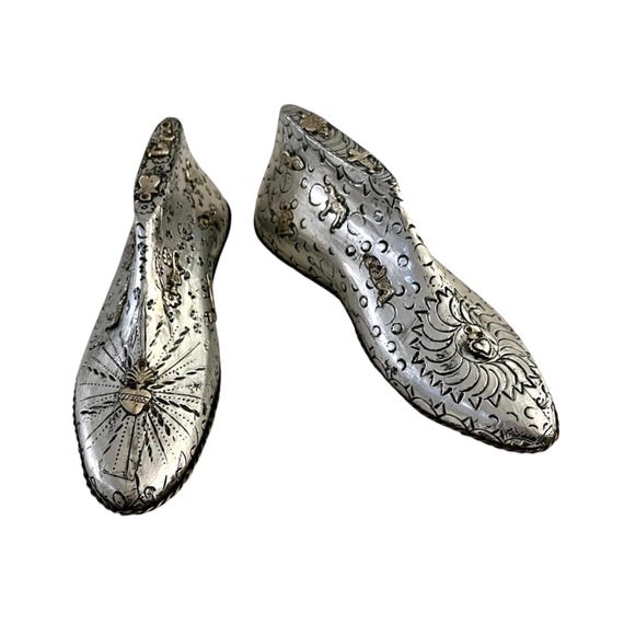 SHOE MOLD Set (2) Embossed Tin and Milagros, PAIR Wood Shoe Forms with Charms ExVotos Etched Tin