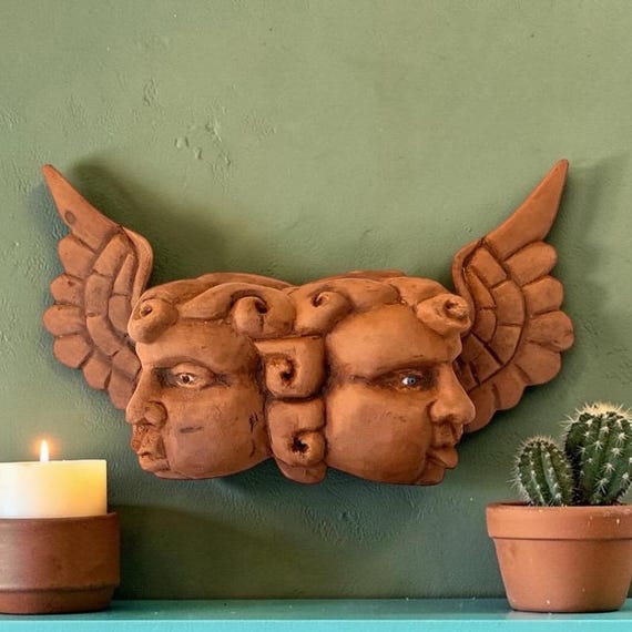 WOOD ANGEL, Two Faces Mexican Wood Angel w Glass Eyes, Cherubs, Cacheton, Chubby Cheeks Angel