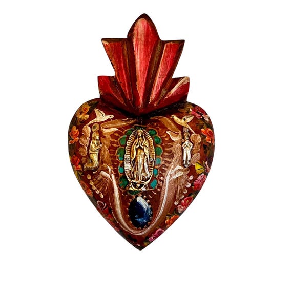 Virgin GUADALUPE Sacred HEART, Painted Milagro Heart w Doves, Mexican Corazon