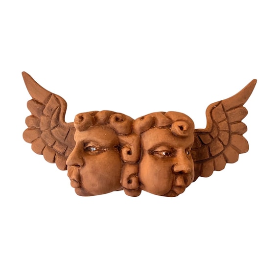 WOOD ANGEL, Two Faces Mexican Wood Angel w Glass Eyes, Cherubs, Cacheton, Chubby Cheeks Angel #1