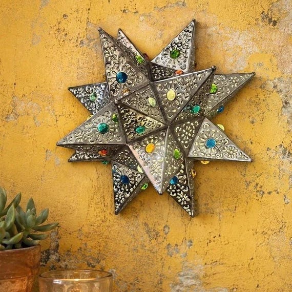 Tin Star Sconce with Colored Marbles: Mexican Luminaria, Silver Finish