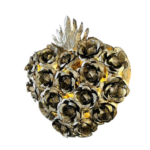 Tin Sacred Heart Luminaria with Roses - Gold Leaf or Silver Leaf