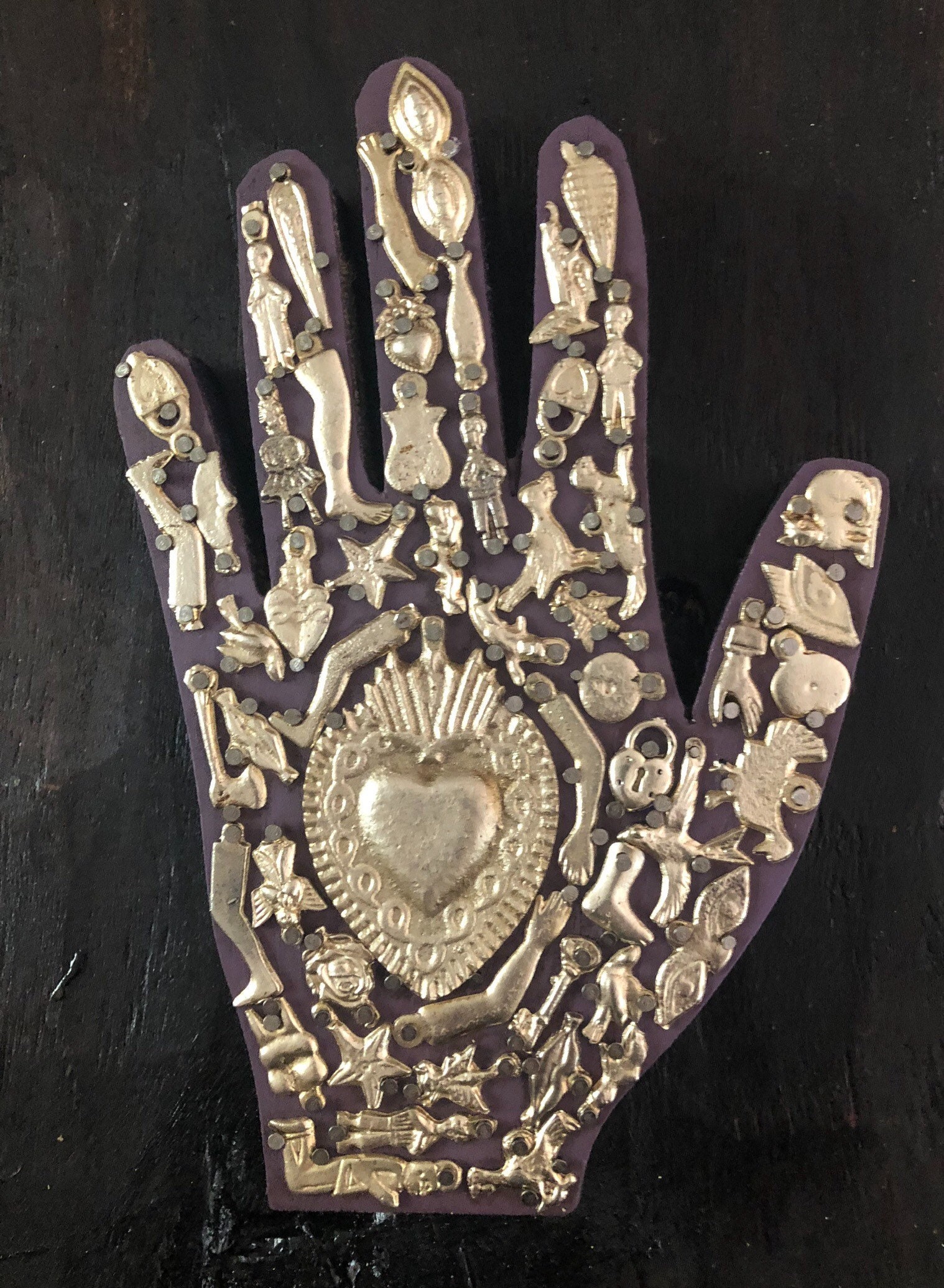 Ex Voto Wood Hand with Charms, Milagros Hand, Healing Hand, Mexican