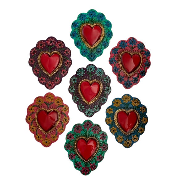 Mexican TIN HEART with Flowers, Painted Tin Corazon