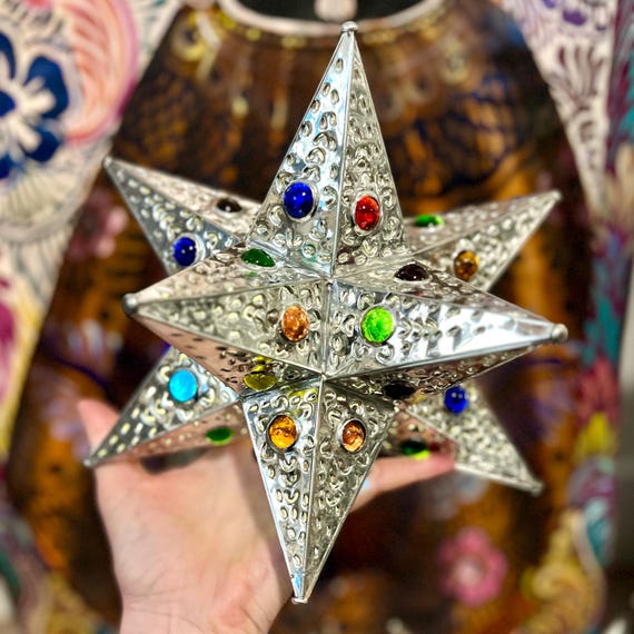 Moravian TIN STAR w Colored Marbles , Xmas Star Tree Topper, Christmas Tree TOPPER, Flat Bottom Star, Mexican Estrella