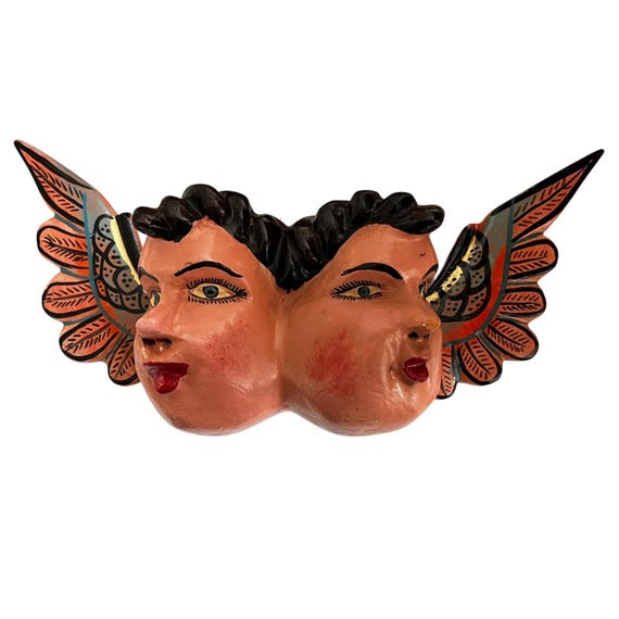 WOOD ANGEL, Two Faces Painted Angel, Cherub, Mexican Chubby Cheeks Angel