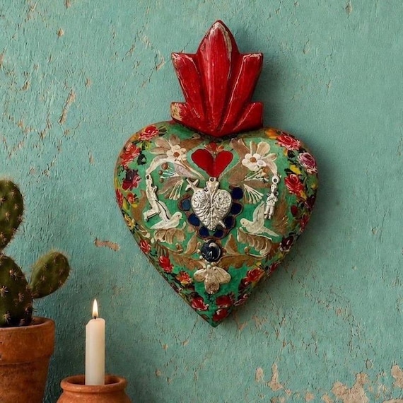 Milagros SACRED HEART, Painted Wood Heart w DOVES, Mexican Corazon 8 1/2"H