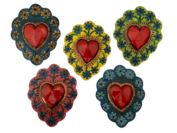 Mexican TIN HEART with Flowers, Painted Tin Corazon