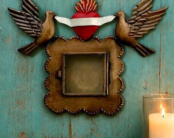 Mexican Tin Sacred Heart Nicho, Shadowbox Frame with Doves