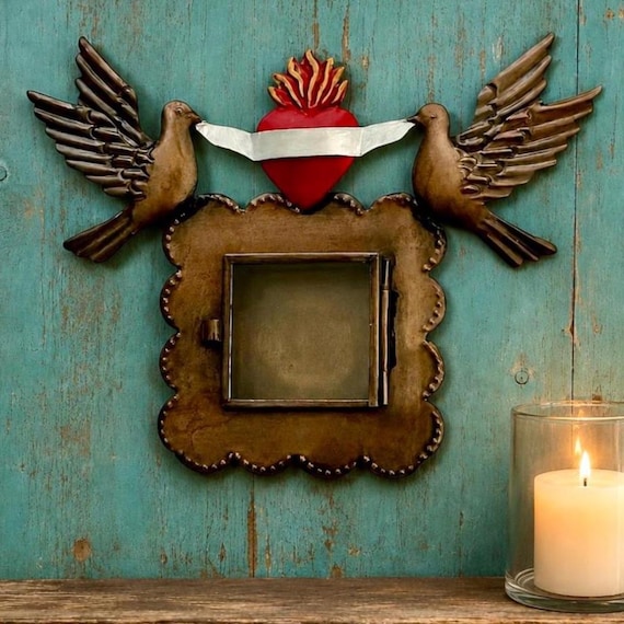 Mexican Tin Sacred Heart Nicho, Shadowbox Frame with Doves