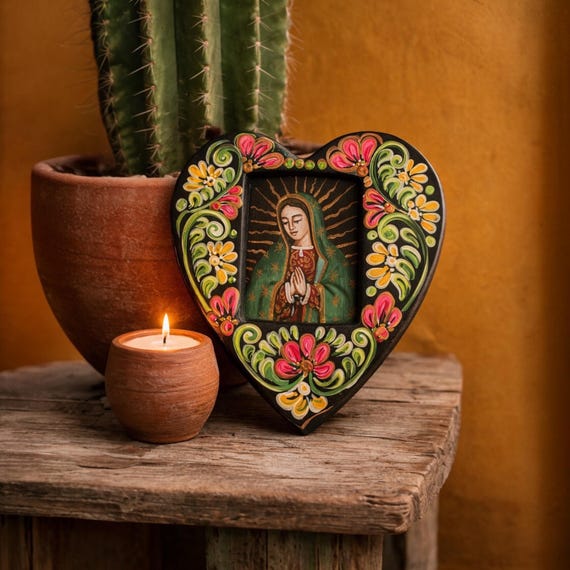 VIRGIN GUADALUPE Retablo Heart, Mexican Corazon LARGE 10"