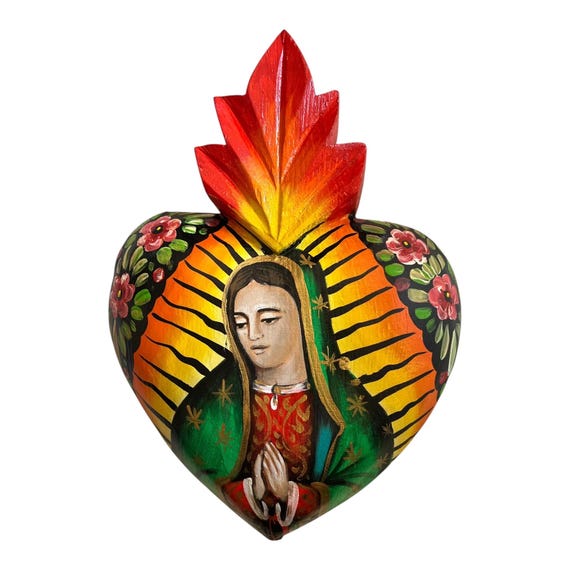 VIRGIN GUADALUPE Heart, Virgin Mary, Mexican Retablo Corazon LARGE 12”