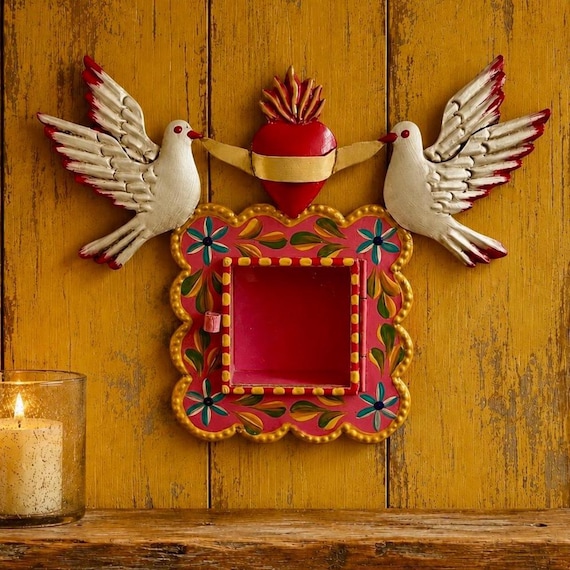 Mexican Tin Sacred Heart Nicho, Hand Painted Shadowbox Frame with Doves, PINK