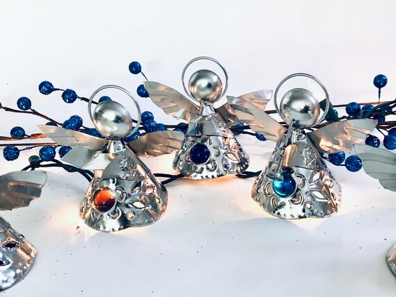 SET Tin ANGEL ORNAMENTS, Hanging Angels w Colored Marbles, Mexican Christmas Ornaments, Party Favors