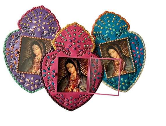 Virgin GUADALUPE HEART Nicho Frame, Mexican Tin LARGE Sacred Heart 11"