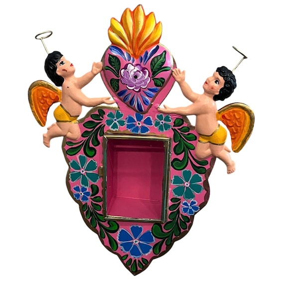 Tin HEART Nicho FRAME Sacred Heart & Angels , Punched Tin Heart, Mexican Corazon LARGE