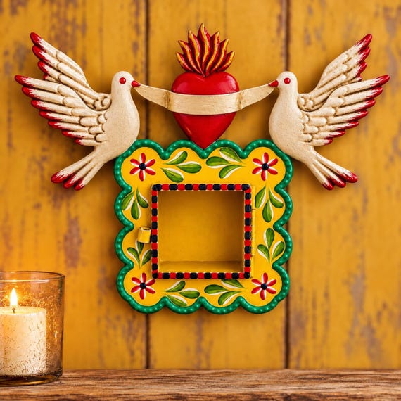 Sacred Heart Nicho, Hand Painted Shadowbox Frame with Doves,  Yellow - Mexican Tin Love Birds Niche