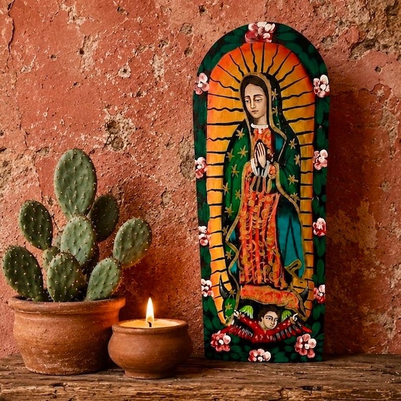VIRGIN GUADALUPE Batea Doughbowl, LG 24” Hand Painted Mexican Retablo