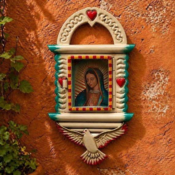 Nicho Frame with Dove, Mexican Tin Sacred Heart, Small 6 1/2”H