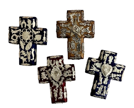Mexican MILAGROS CROSS, Small Cross with Charms, ExVotos