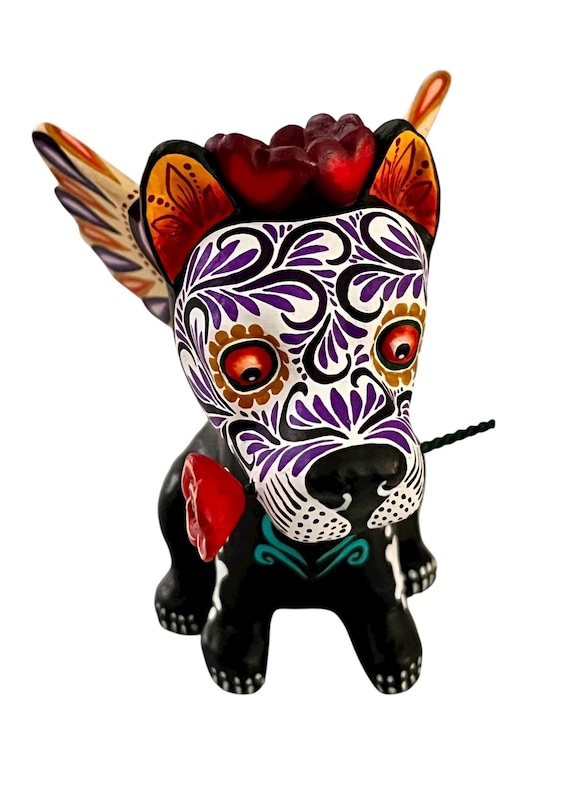 Day of the Dead Dog, Altar Ofrenda Decoration, Mexican Pottery Puebla, Skeleton Angel Puppy with Wings