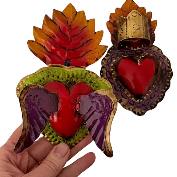 Tin Heart Ornaments Set: Mexican Corazons, Heart with Wings & Crown