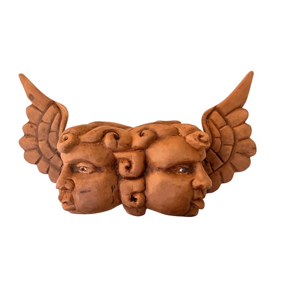 WOOD ANGEL, Two Faces Mexican Wood Angel w Glass Eyes, Cherubs, Cacheton, Chubby Cheeks Angel #4