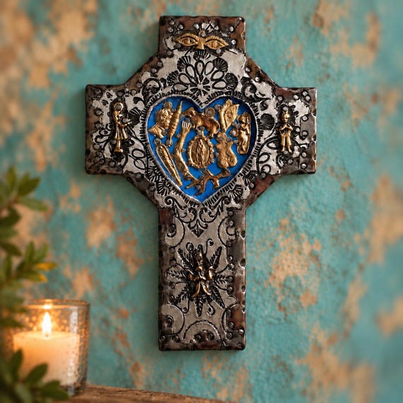 MILAGROS Heart CROSS, Mexican Milagro Embossed Tin & Wood 7.5”H