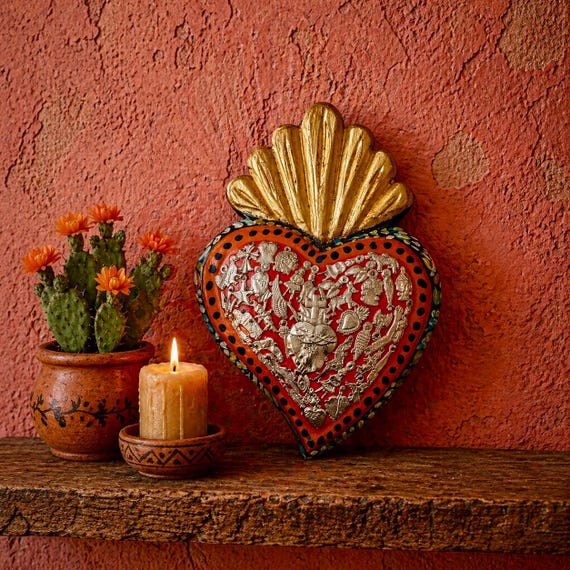 Milagros SACRED HEART, LARGE Heart with Charms, Mexican ExVotos Painted Corazon 9"