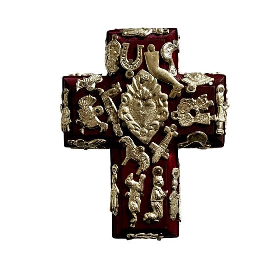 Mexican MILAGROS CROSS, Small Wood Cross with Charms, ExVotos