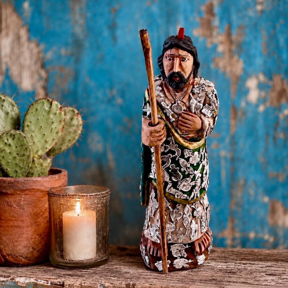 Saint JUDE Figurine with Milagros: Large 12" Carved Mexican SANTO, St. Judas