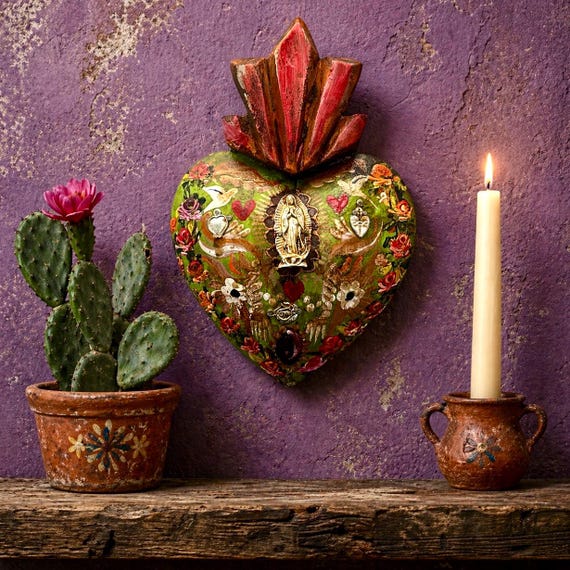 Virgin GUADALUPE Sacred HEART, Mexican Milagros Corazon 8 1/2"H