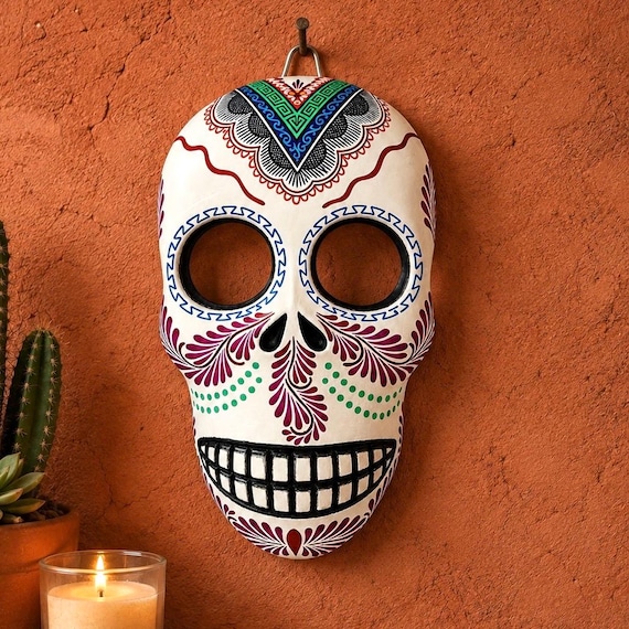 DAY of the DEAD Skull, Painted Clay Skull, Muertos Calavera, Mexican Pottery  LG 10"