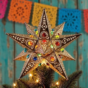 Mexican STAR Christmas Tree TOPPER with Colored Marbles, Xmas Star, Sun Design, Handmade Tin Estrella 9 or 11 inch