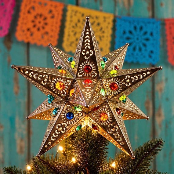 Mexican STAR Christmas Tree TOPPER with Colored Marbles, Xmas Star, Sun Design, Handmade Tin Estrella 9 or 11 inch
