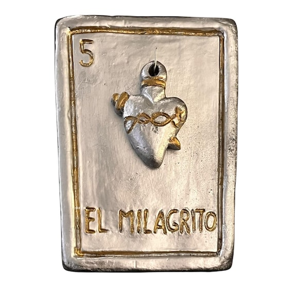 LARGE Clay LOTERIA CARD Plaque, El Milagrito, Milagro Heart 9”