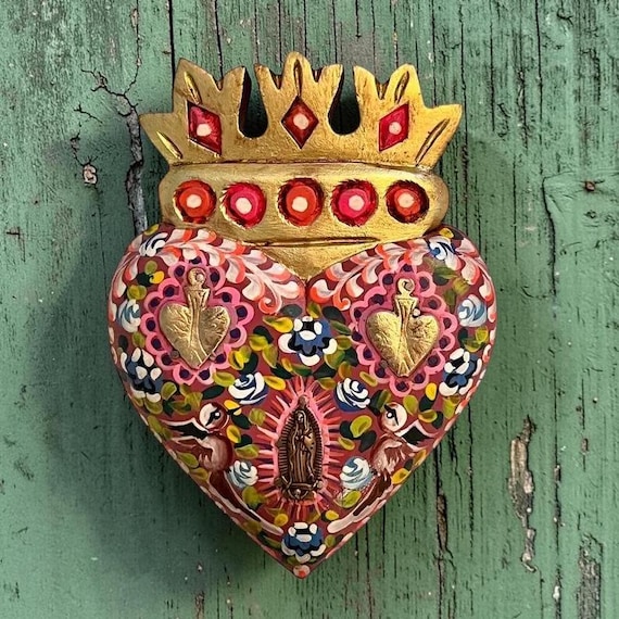 Virgin GUADALUPE & Doves Milagros Heart, ExVotos Corazon with CROWN 7 1/2"H