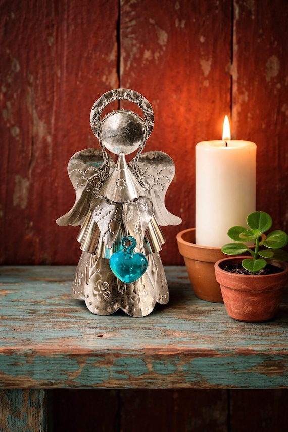 Mexican Tin ANGEL holding Glass HEART 7”