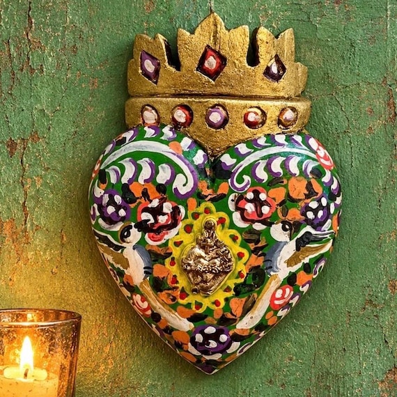 MILAGRO HEART with Crown, Small Mexican Corazon with Doves 5"H