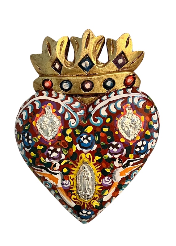 Milagros Heart Virgin GUADALUPE & Doves, ExVotos Corazon, SACRED Heart with CROWN