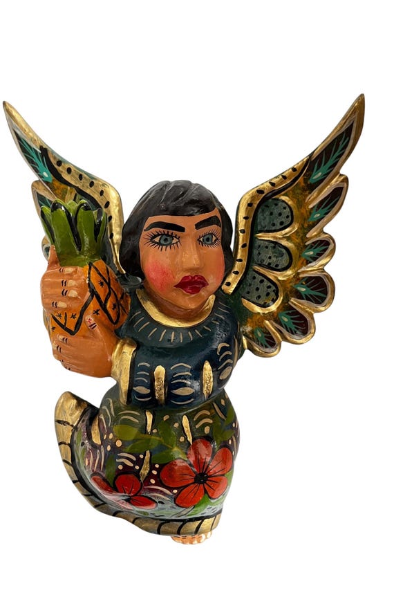 Mexican ANGEL with Pineapple, Full Body Hanging Carved Wood Angel