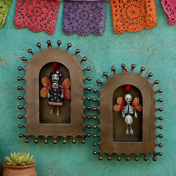 Day of the Dead Tin NICHO Shadowbox Frame  with Butterfly Ornament, Altar Ofrenda Decor