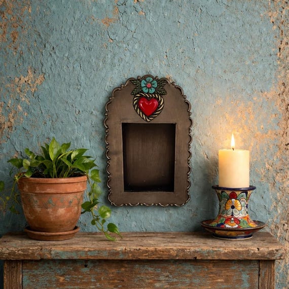 Mexican Tin NICHO with Heart Shadowbox Frame Niche, DIY Altar Display Frame 9”H
