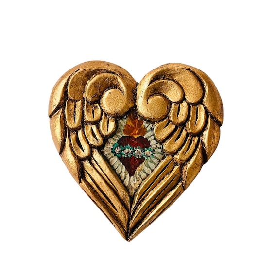 SACRED HEART with Wings, Winged Mexican Corazon. Gold Leaf