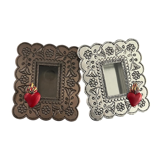 Mexican Tin NICHO,  Shadowbox Frame, Silver or Oxidized, Sacred Heart Magnet