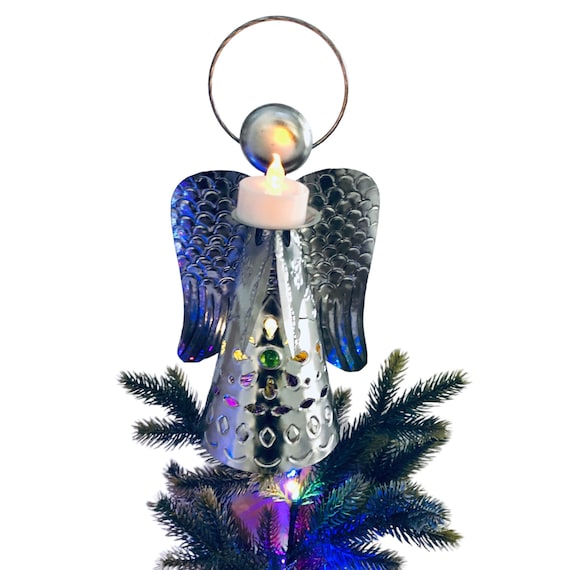 Christmas TREE TOPPER Angel, Mexican Punched Tin Angel, Tabletop Angel Luminaria 11"H