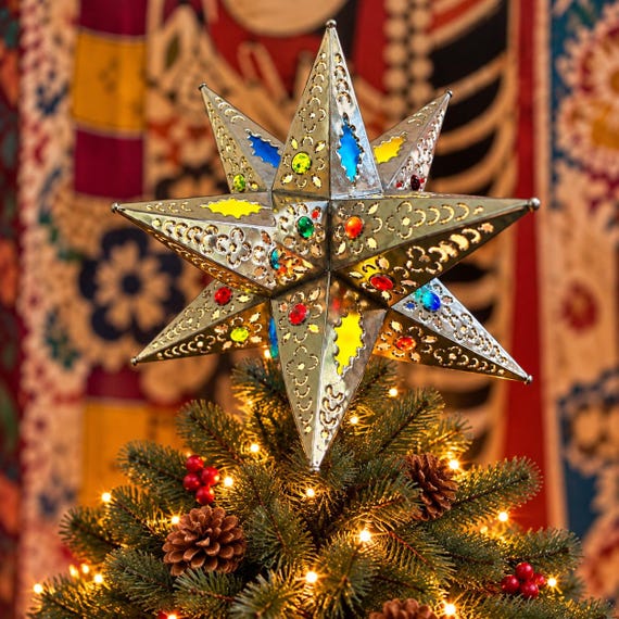 Mexican STAR Tree TOPPER, Xmas Tin Star, Handmade Estrella 11 inch - Flower Design, With or Without Colorful Glass & Marbles