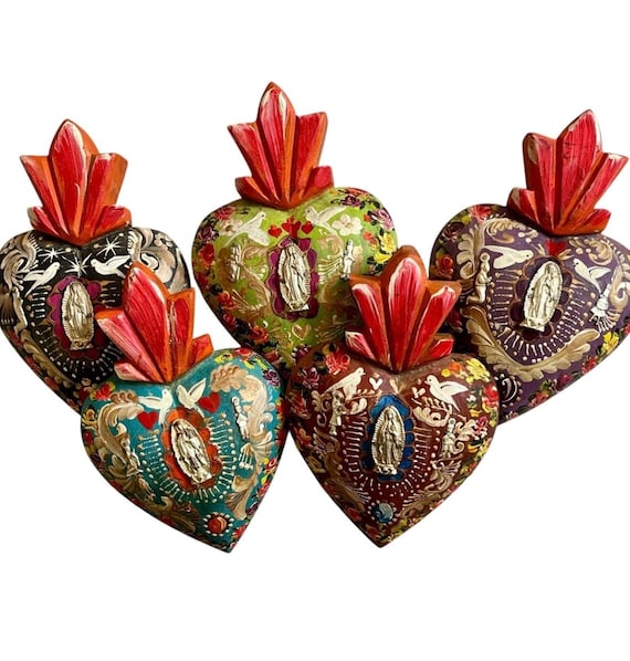 Virgin GUADALUPE Sacred HEART, Painted Milagro Heart w Doves, Mexican Corazon