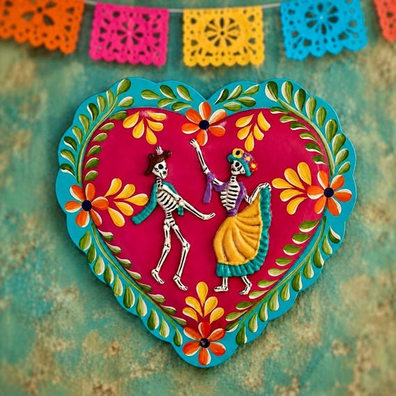 DAY of the DEAD HEART w Catrin/Catrina, Mexican Tin Muertos Novios Altar/Ofrenda Corazon
